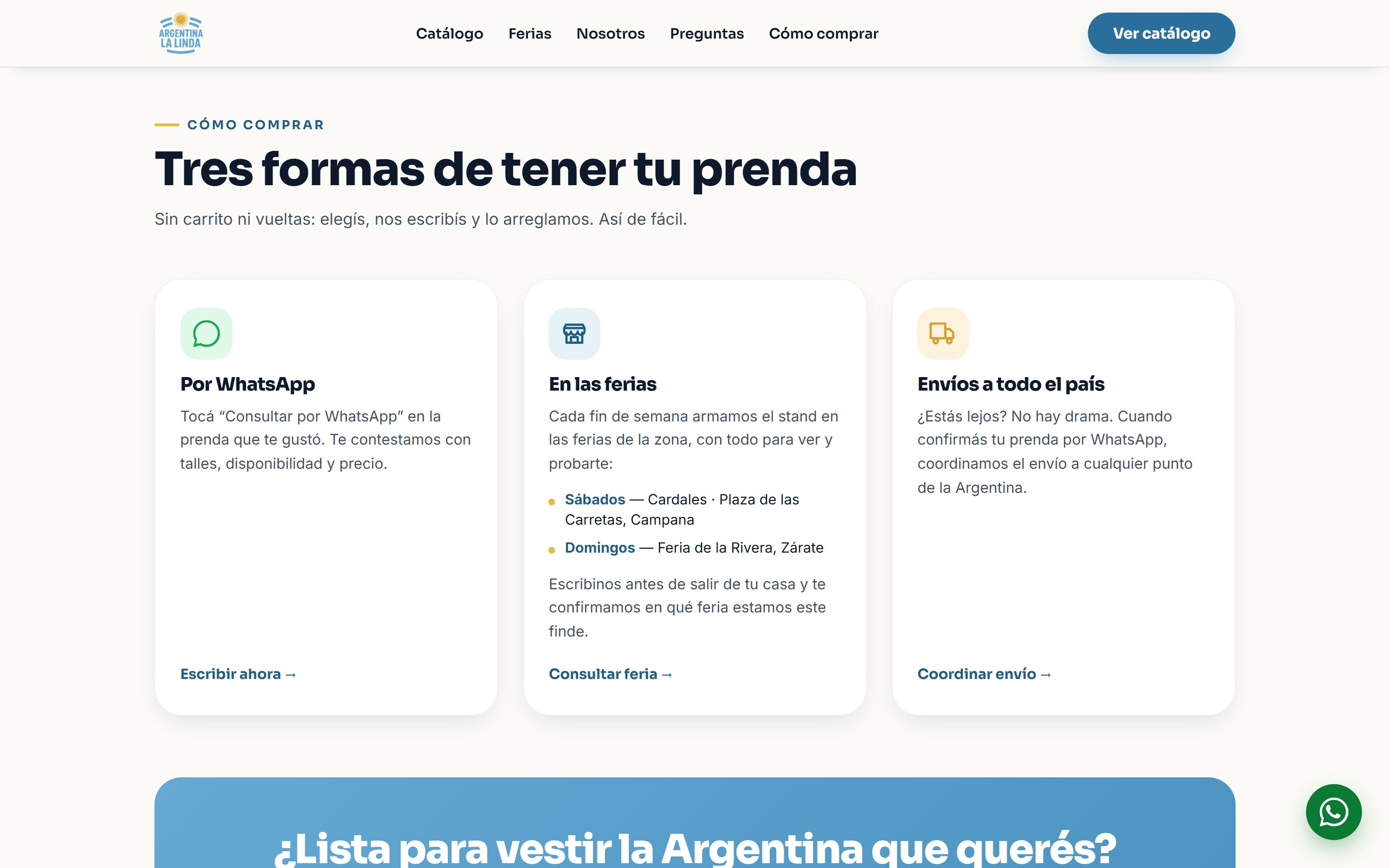 Sección 'Tres formas de tener tu prenda' del sitio de Argentina La Linda