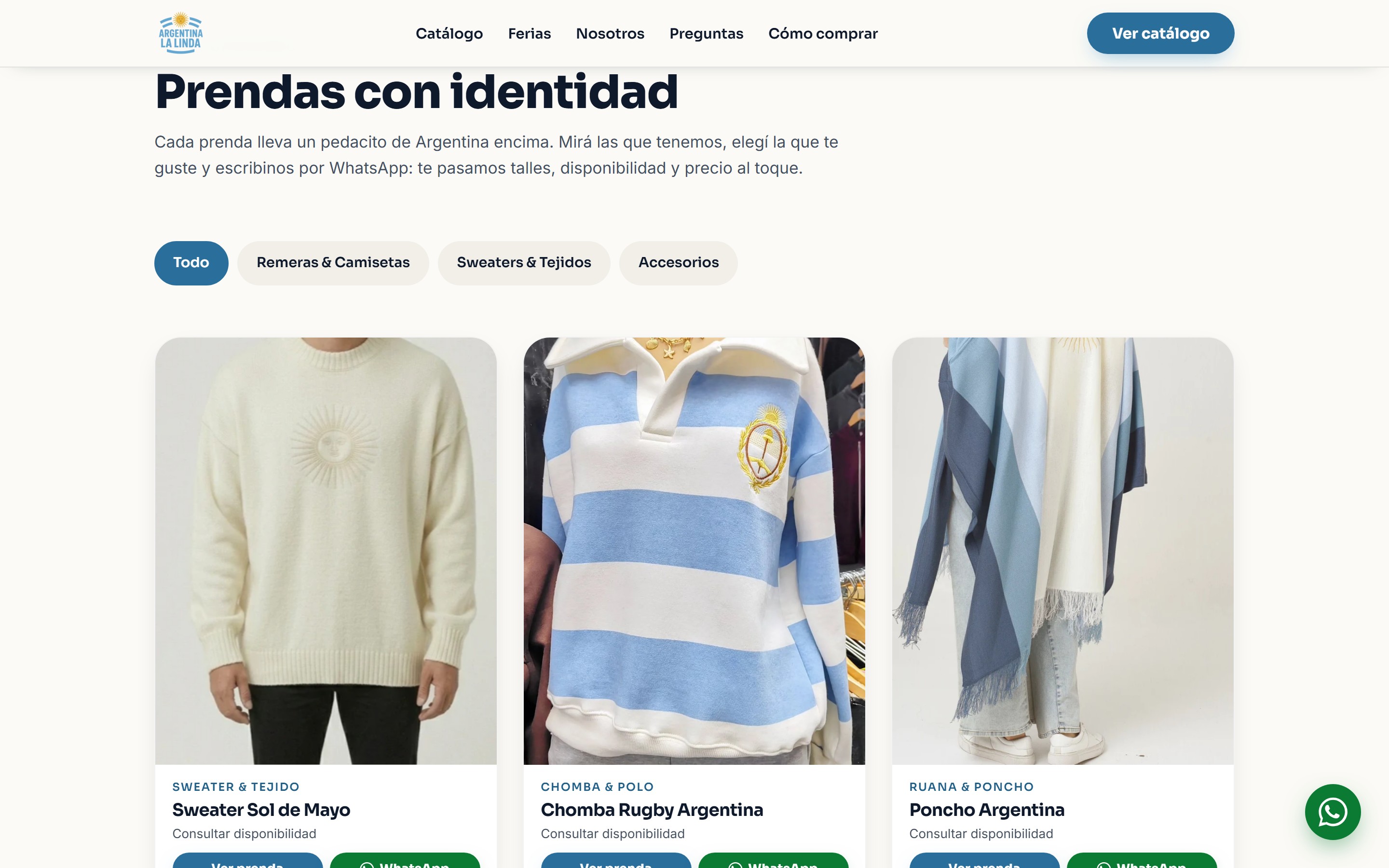 Catálogo de Argentina La Linda con prendas de identidad argentina y filtros por categoría