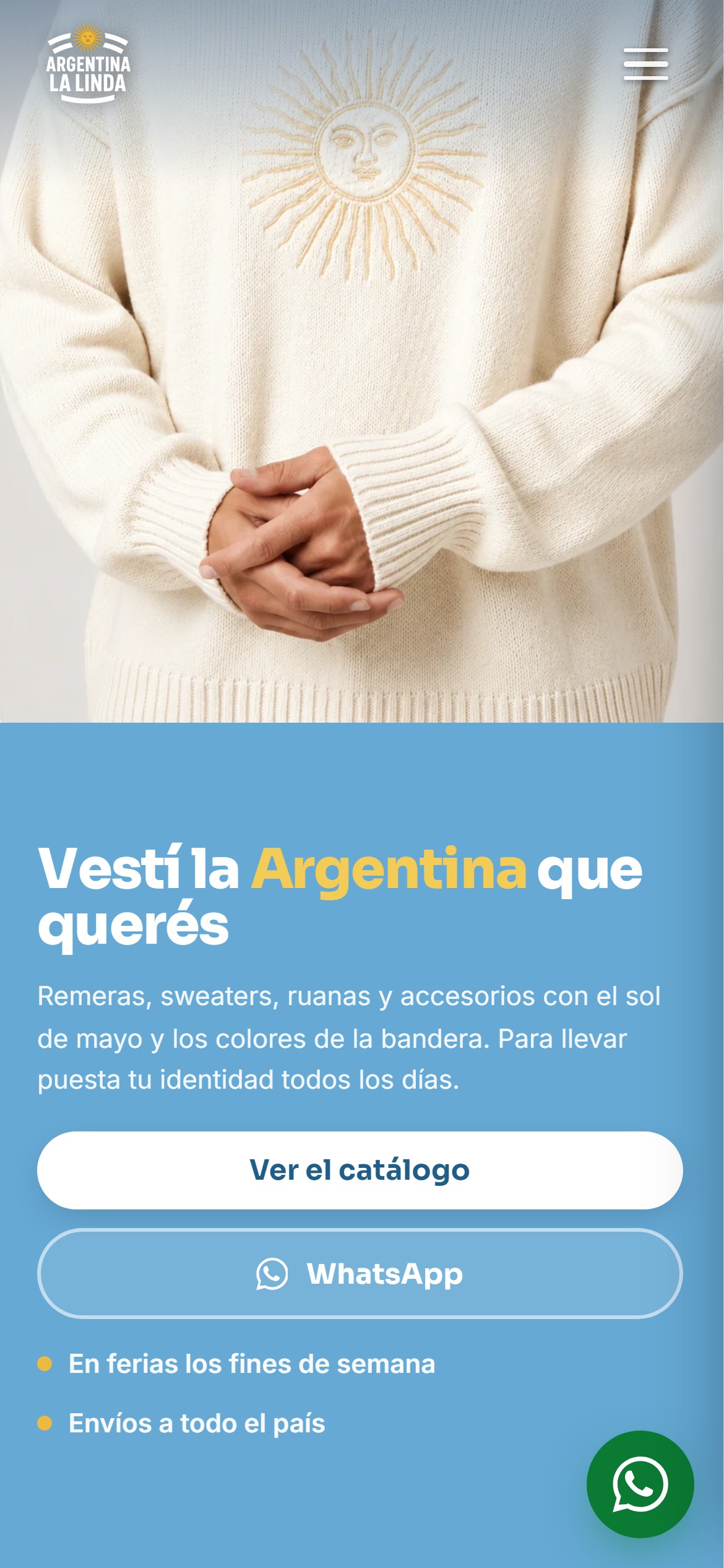 El sitio de Argentina La Linda en celular, con el hero y los botones de catálogo y WhatsApp