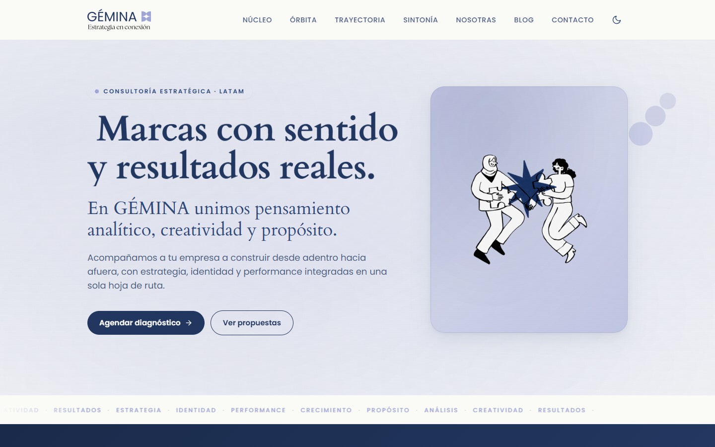 Inicio del sitio de Gémina: 'Marcas con sentido y resultados reales'