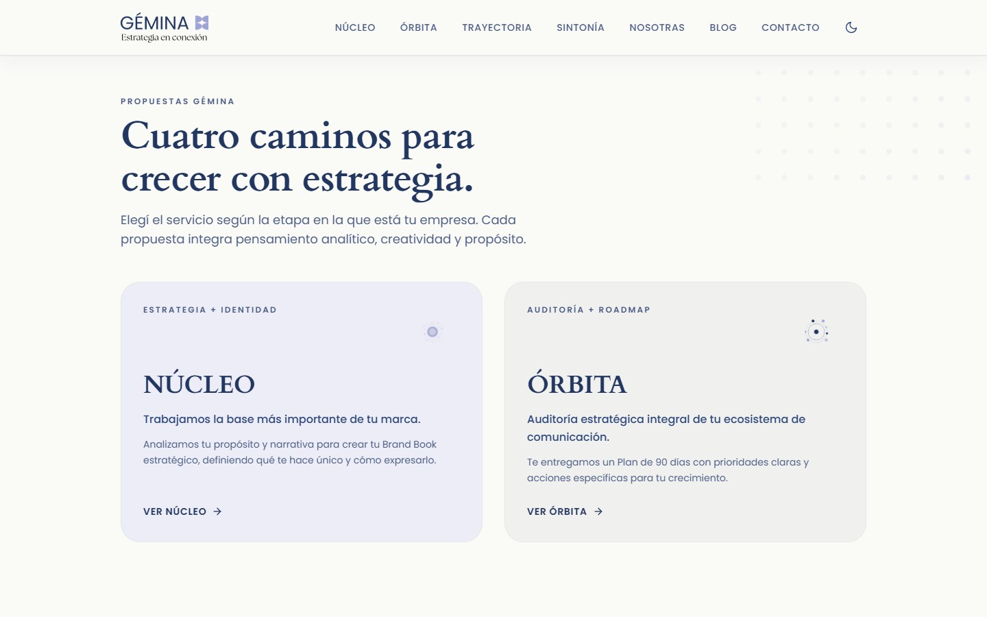 Las cuatro propuestas de Gémina: Núcleo, Órbita, Trayectoria y Sintonía