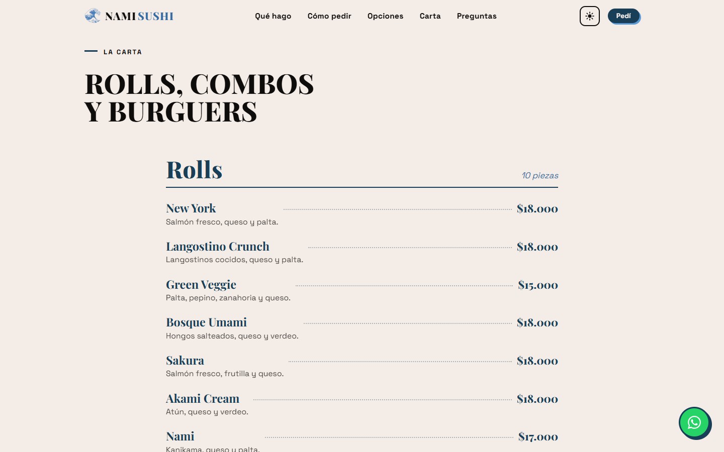 La carta completa del sitio de Nami: rolls con descripción y precio