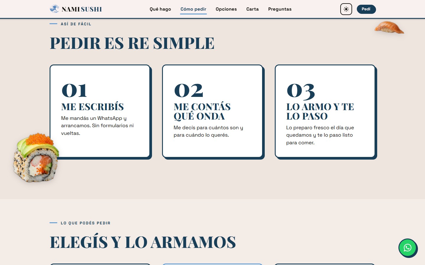 Sección 'Pedir es re simple' del sitio de Nami: pasos 01, 02 y 03