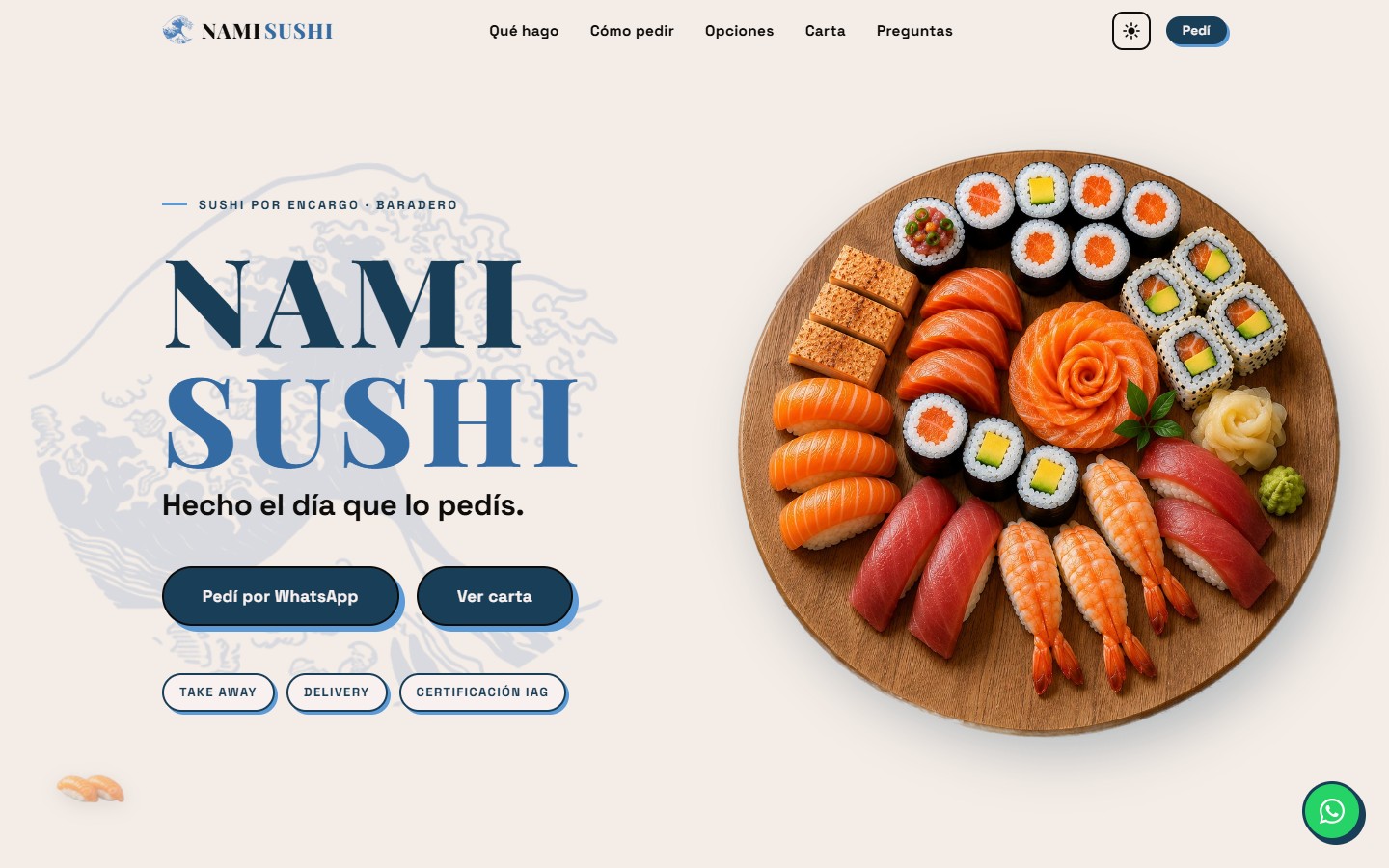 Inicio del sitio de Nami Sushi: 'NAMI SUSHI · Hecho el día que lo pedís'