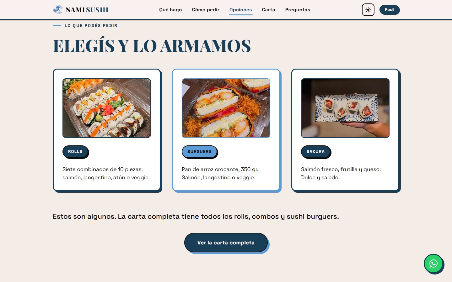 Sección 'Elegís y lo armamos' del sitio de Nami: Rolls, Burguers y Sakura con foto