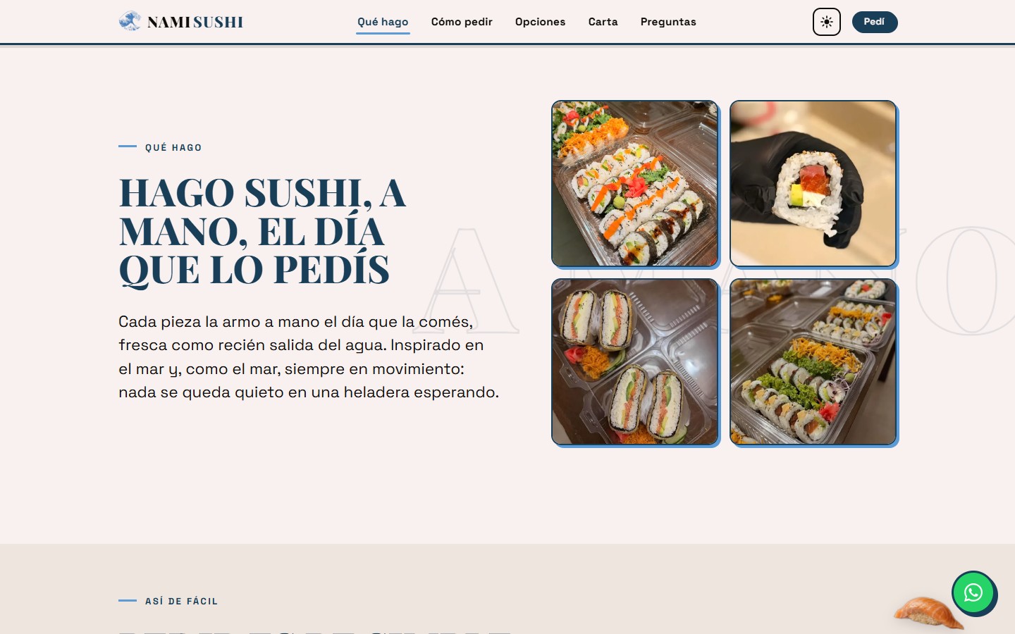 Sección 'Qué hago' del sitio: 'Hago sushi a mano el día que lo pedís', con fotos reales del proceso