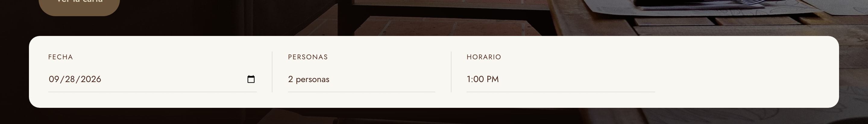 Barra de reserva del hero de Palto: los campos de fecha, personas y horario que arman el mensaje de WhatsApp