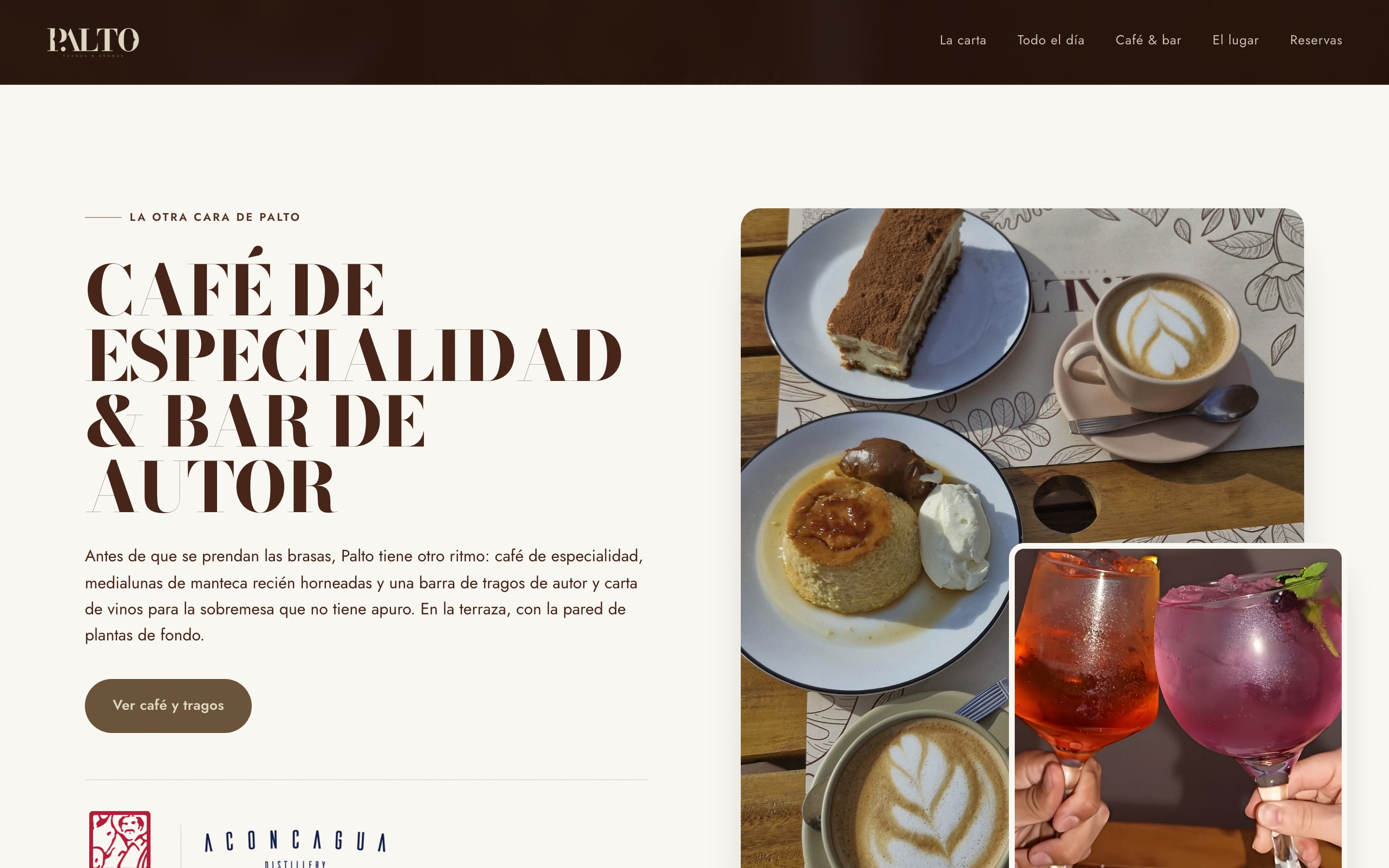Sección de café de especialidad y bar de autor del sitio de Palto