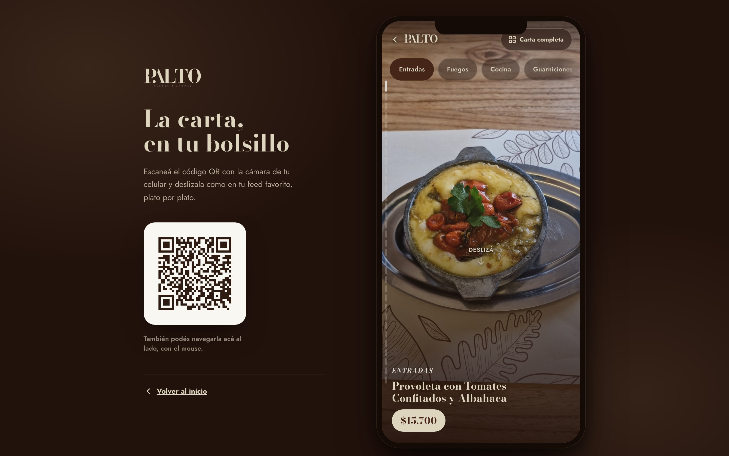 La carta digital de Palto en escritorio: el QR de la mesa junto al mockup de celular con el feed de videos de los platos