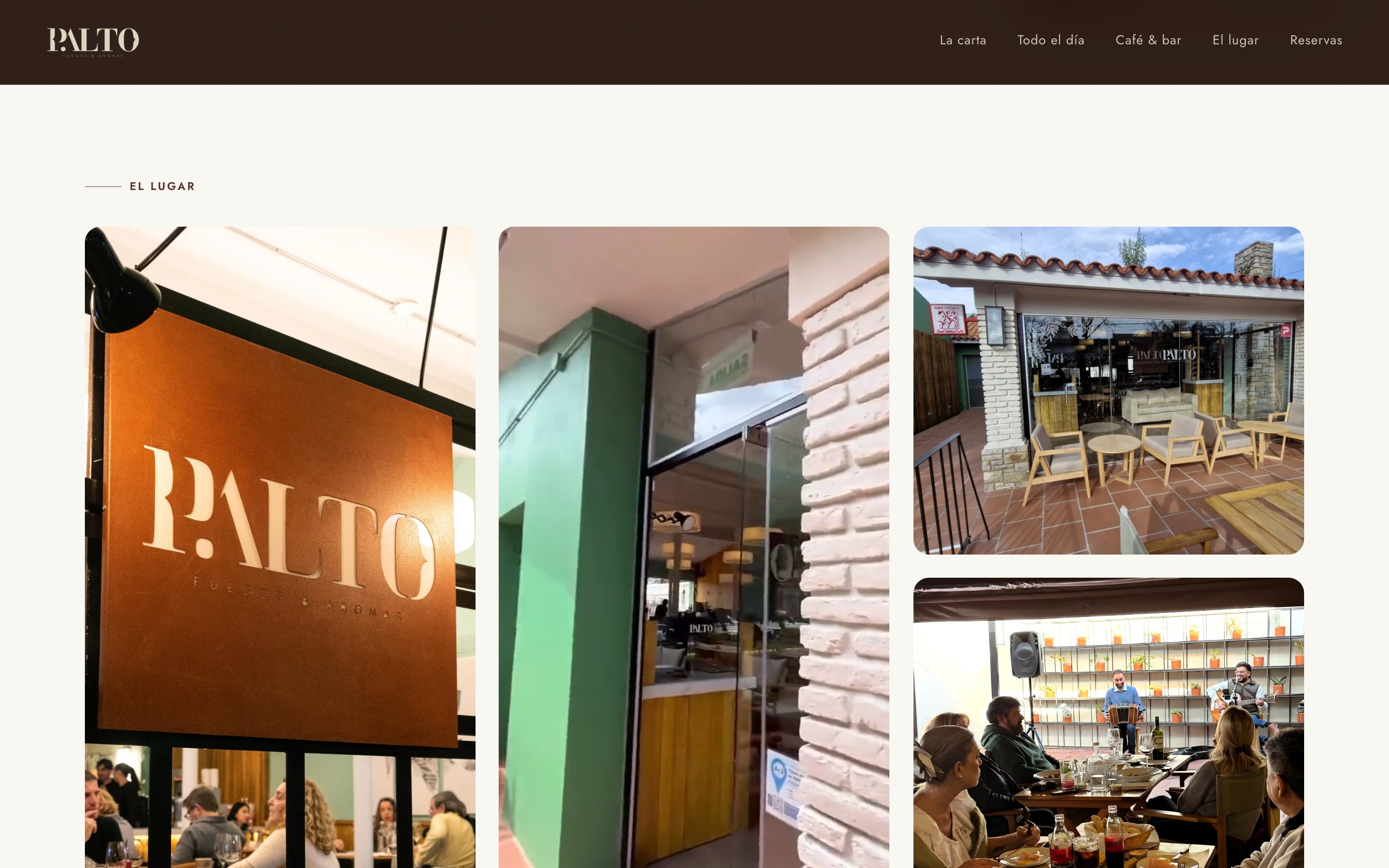 Sección "El lugar" del sitio de Palto: galería de fotos, reseñas reales de Google y el mapa