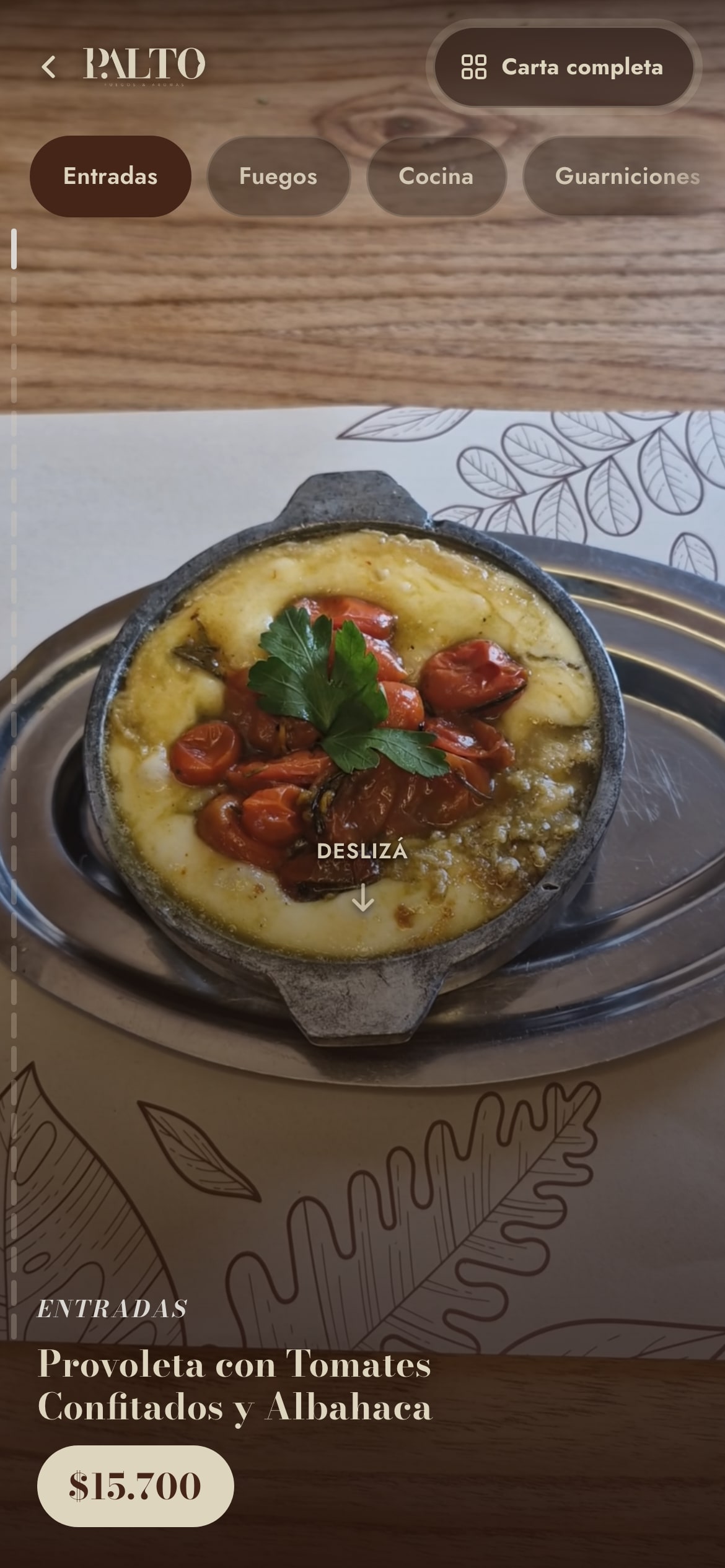 La carta digital de Palto en celular: el feed vertical de videos de los platos, plato por plato