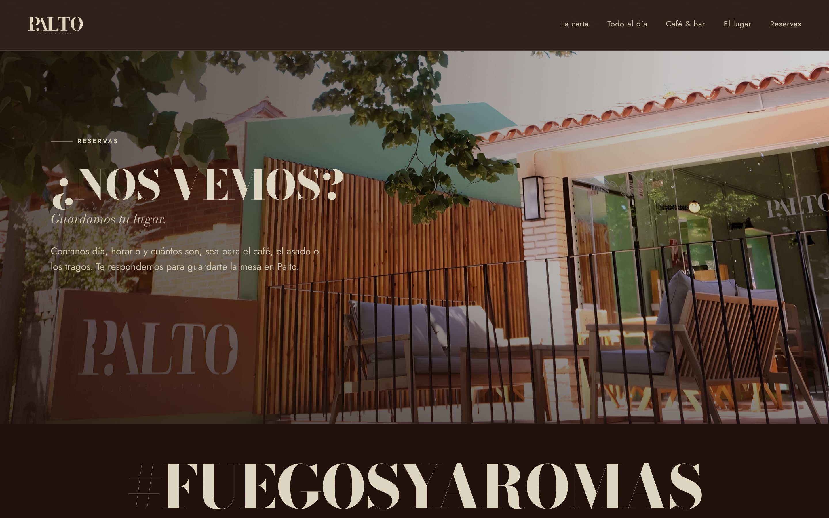 Sección "¿Nos vemos?" del sitio de Palto: la foto de la terraza y el botón para reservar por WhatsApp