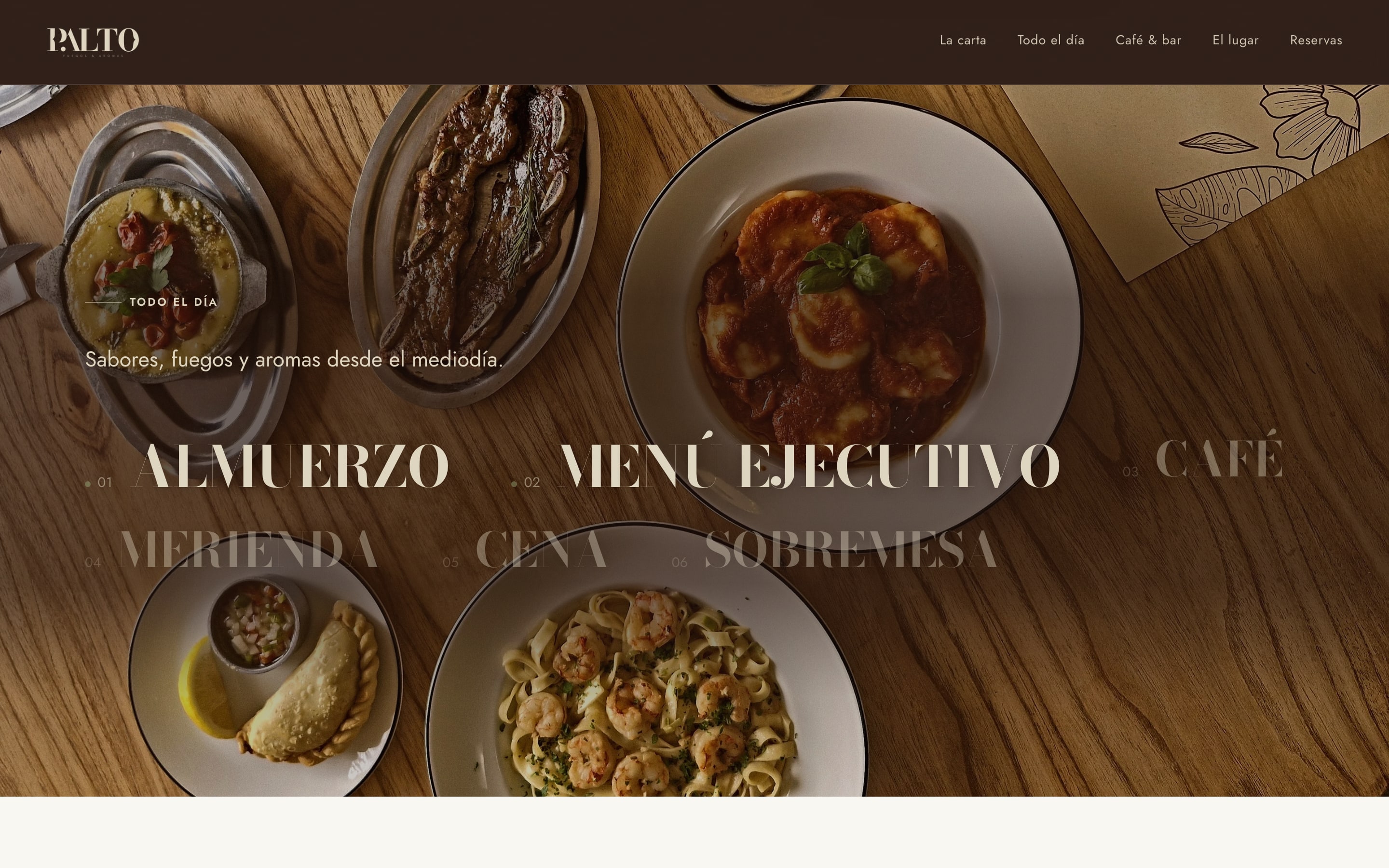 Sección "Todo el día" del sitio de Palto: Almuerzo, Menú ejecutivo, Café, Merienda, Cena y Sobremesa